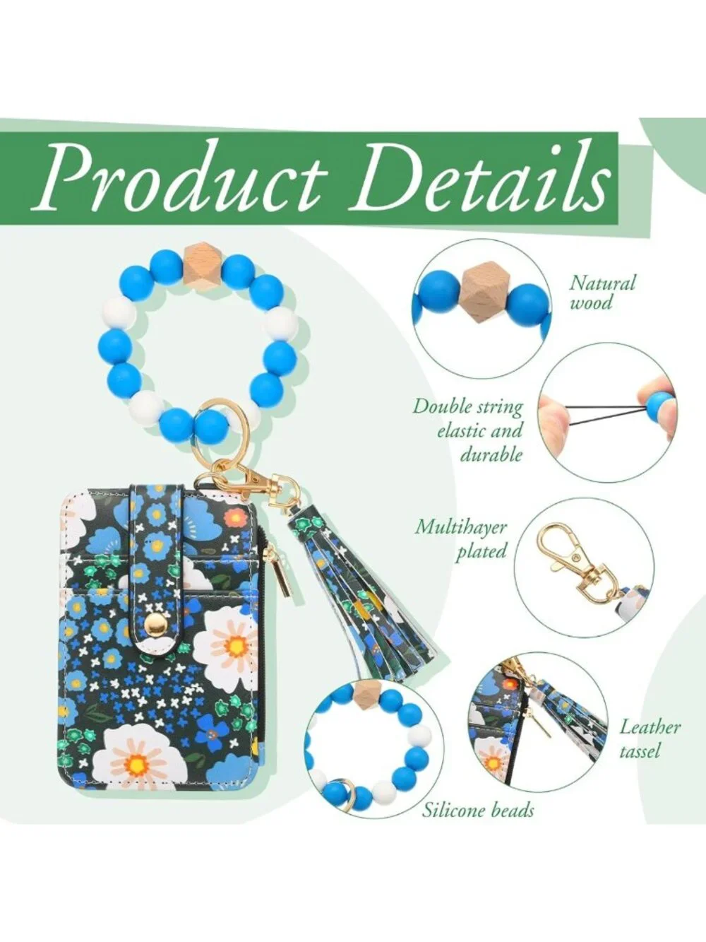 Boho Beaded Wristlet Keychain Wallet Set - Floral Pattern, Card Holder & Tassel